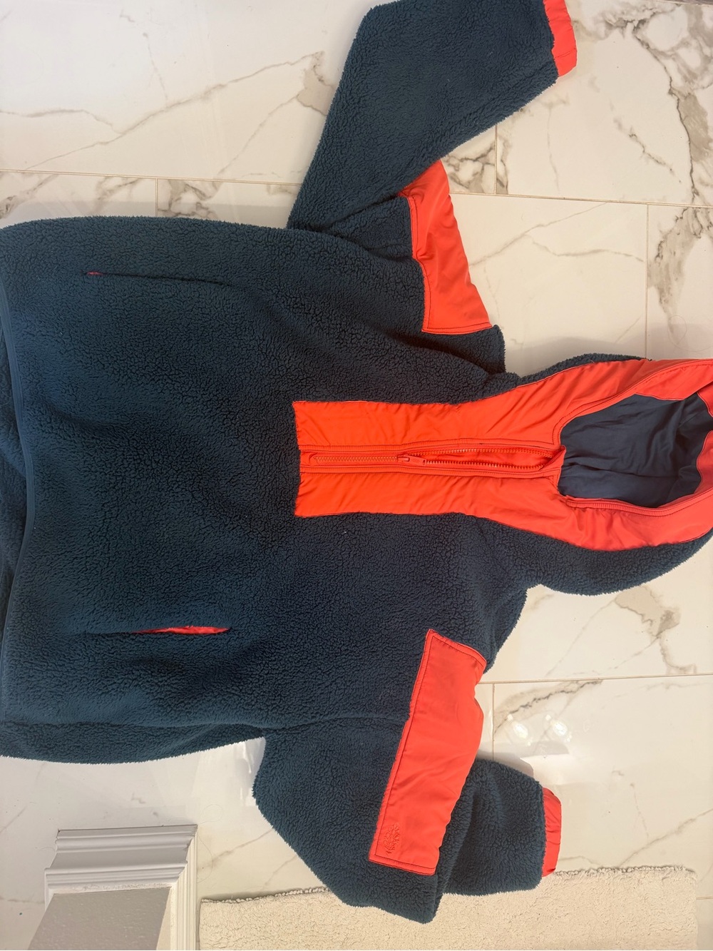 Free People Navy Sherpa Half-Zip Hoodie with Bright Orange Accents